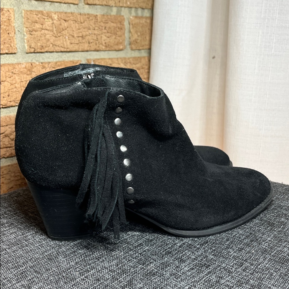 Vionic Faros Black Suede Fringe Ankle Boots Studded Western Booties 9